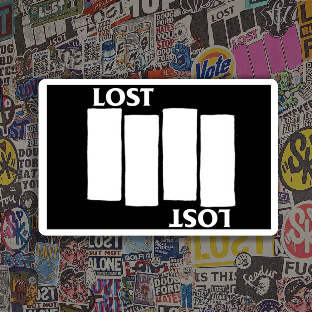 The Lost Flag sticker by LOST. Black and white design the quadruple bar logo with the word LOST. A wall of colorful graffiti stickers provides a unique background for the sticker.