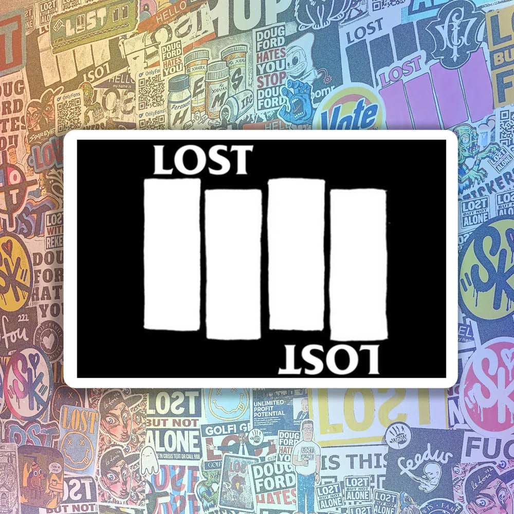 The Lost Flag sticker by LOST. Black and white design the quadruple bar logo with the word LOST. A wall of colorful graffiti stickers provides a unique background for the sticker.