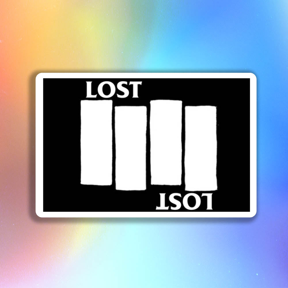 The Lost Flag sticker by LOST. Black and white design the quadruple bar logo with the word LOST.