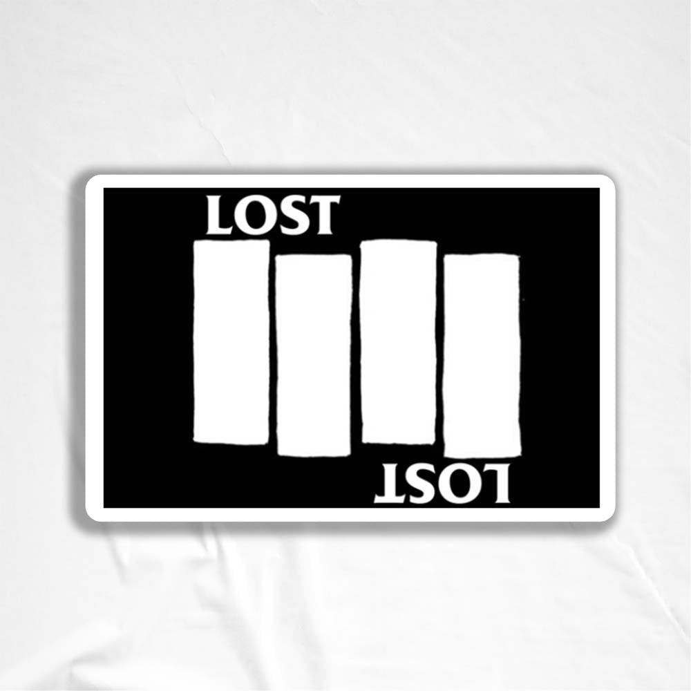 The Lost Flag sticker by LOST. Black and white design the quadruple bar logo with the word LOST.