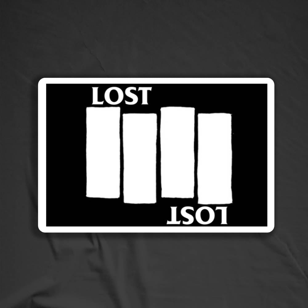 The Lost Flag sticker by LOST. Black and white design the quadruple bar logo with the word LOST.