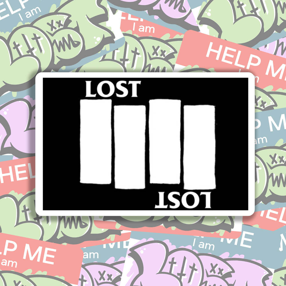 The Lost Flag sticker by LOST. Black and white design the quadruple bar logo with the word LOST. A wall of colorful graffiti stickers provides a unique background for the sticker.