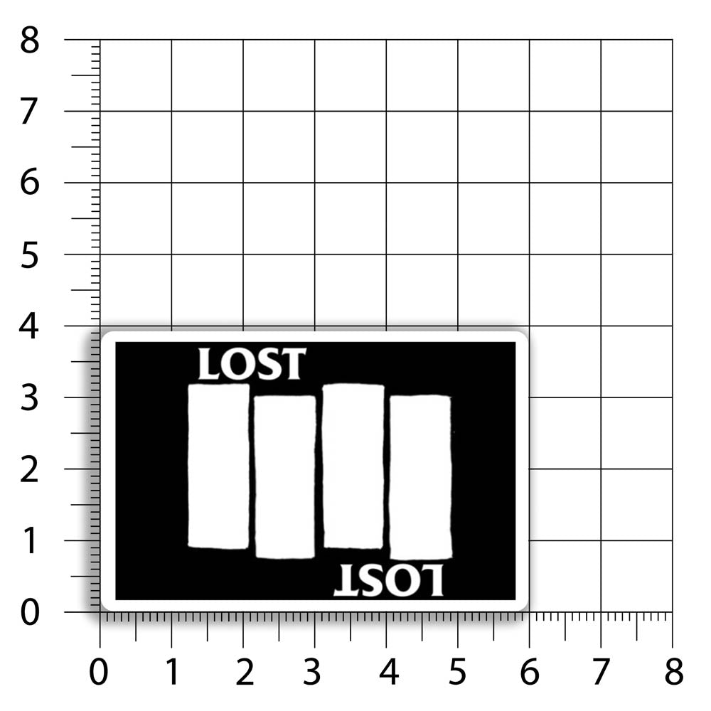 The Lost Flag sticker by LOST. Black and white design the quadruple bar logo with the word LOST. A size chart indicates that this rectangular sticker measures 4 by 6 inches and has rounded corners.