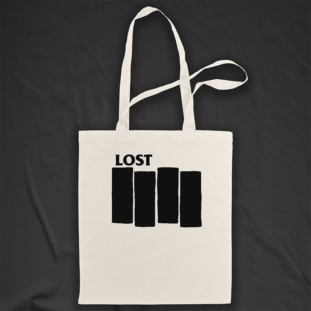 The Lost Flag tote bag. Four Solid black bars  and the word LOST printed across a large, natural canvas tote bag.