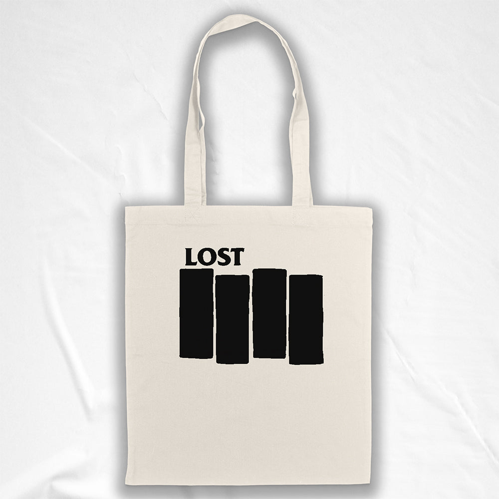 The Lost Flag tote bag. Four Solid black bars  and the word LOST printed across a large, natural canvas tote bag.