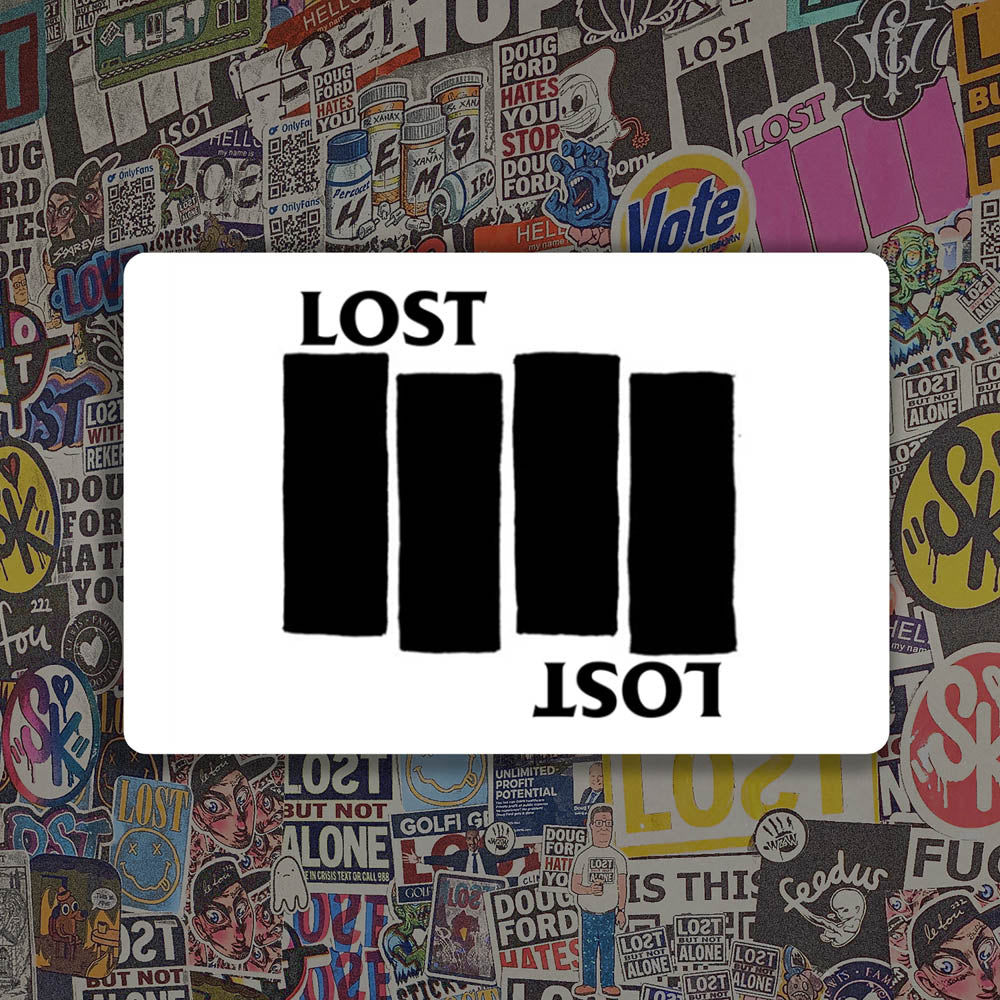 The Lost Flag sticker by LOST. Black and white design the quadruple bar logo with the word LOST. A wall of colorful graffiti stickers provides a unique background for the sticker.