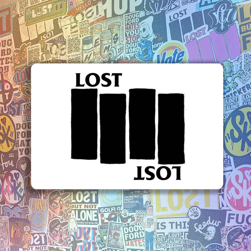 The Lost Flag sticker by LOST. Black and white design the quadruple bar logo with the word LOST.