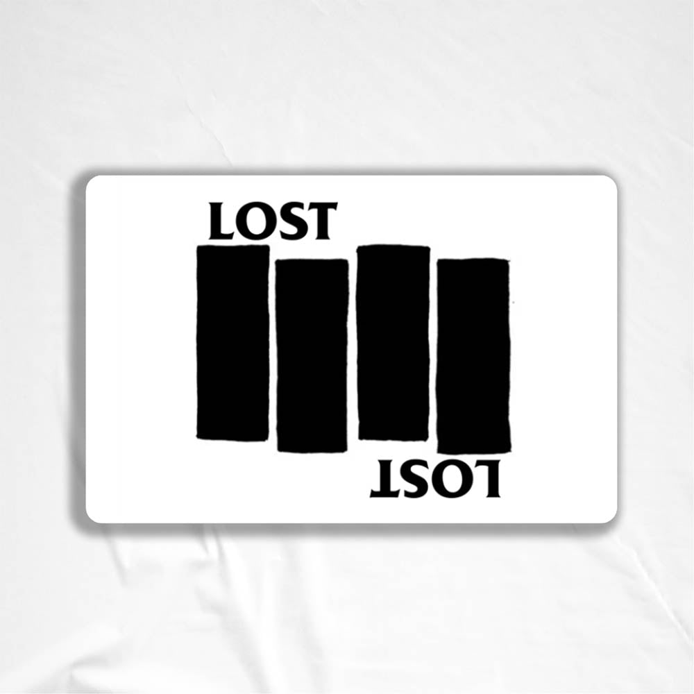 The Lost Flag sticker by LOST. Black and white design the quadruple bar logo with the word LOST.