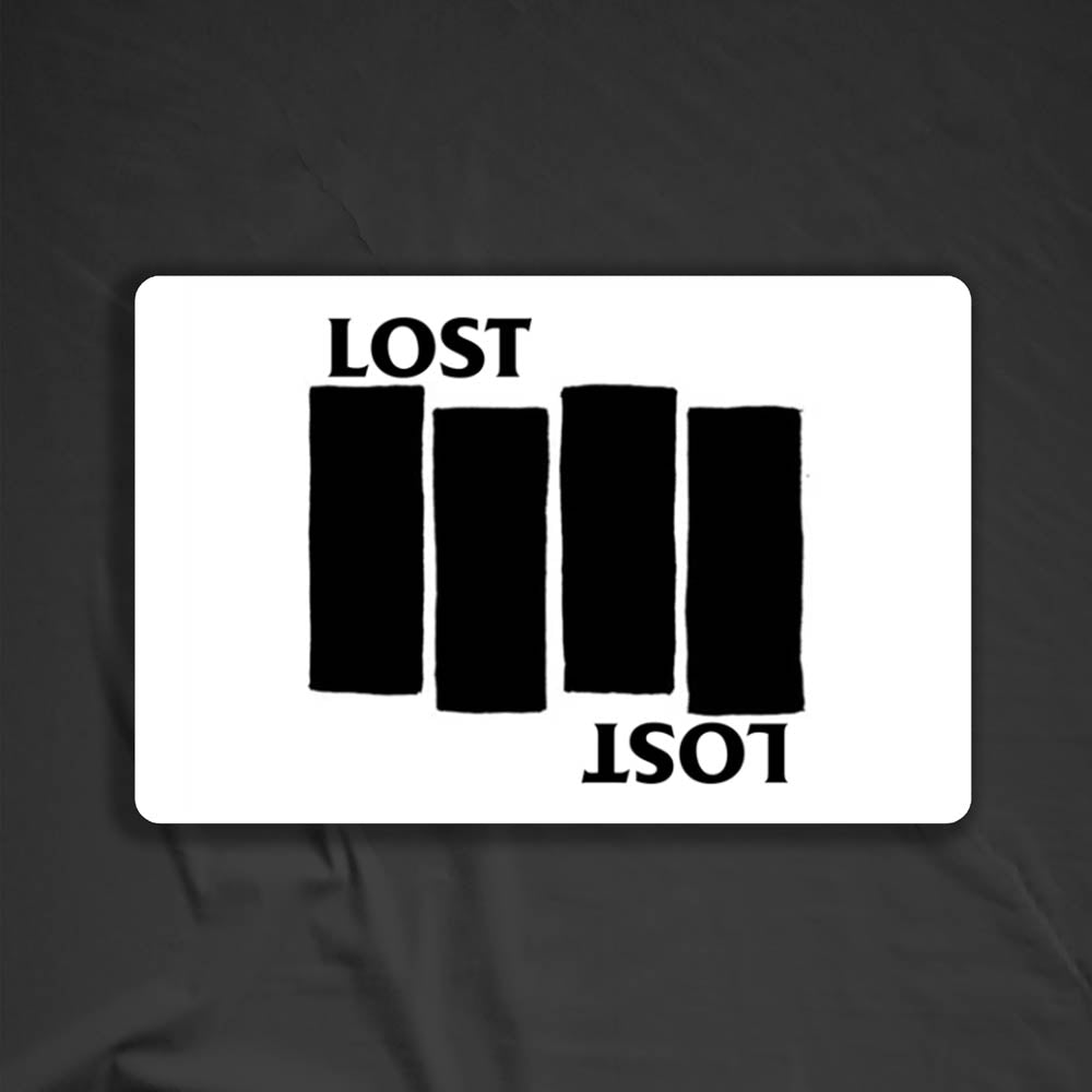 The Lost Flag sticker by LOST. Black and white design the quadruple bar logo with the word LOST.