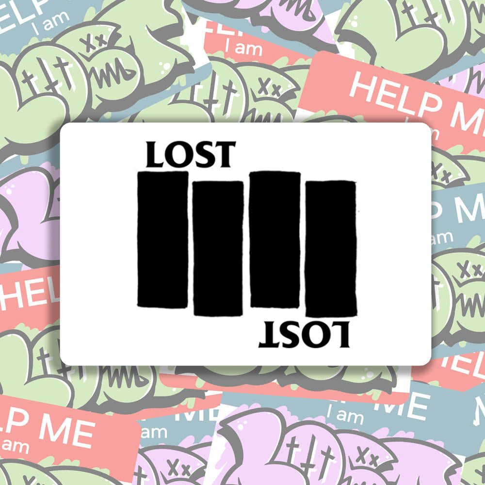 The Lost Flag sticker by LOST. Black and white design the quadruple bar logo with the word LOST. A wall of colorful graffiti stickers provides a unique background for the sticker.