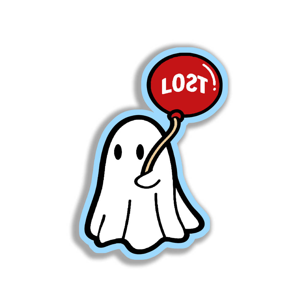 The Sad Ghost graffiti sticker by LOST. Full color die cut design of white ghost holding a red balloon. The sticker is outlined in a light shade of blue and displayed against a white background.