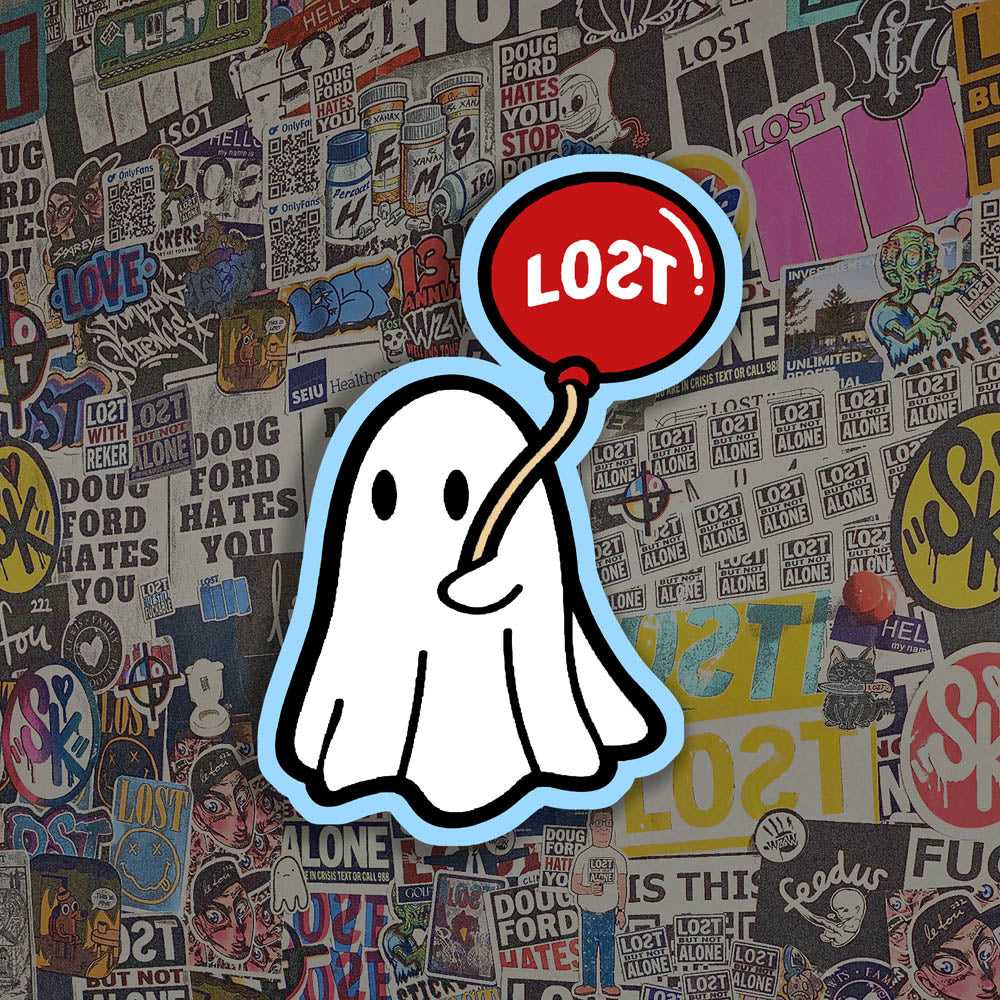 The Sad Ghost graffiti sticker by LOST. Full color die cut design of white ghost holding a red balloon. The sticker is outlined in a light shade of blue and displayed against wall of colorful graffiti stickers by artists from around the world.