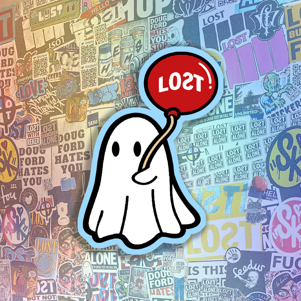 The Sad Ghost graffiti sticker by LOST. Full color die cut design of white ghost holding a red balloon. The sticker is outlined in a light shade of blue and displayed in front of a wall of colorful graffiti stickers by artists from around the world.