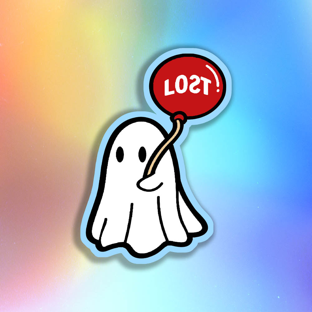 The Sad Ghost graffiti sticker by LOST. Full color die cut design of white ghost holding a red balloon. The sticker is outlined in a light shade of blue and displayed against a holographic background.