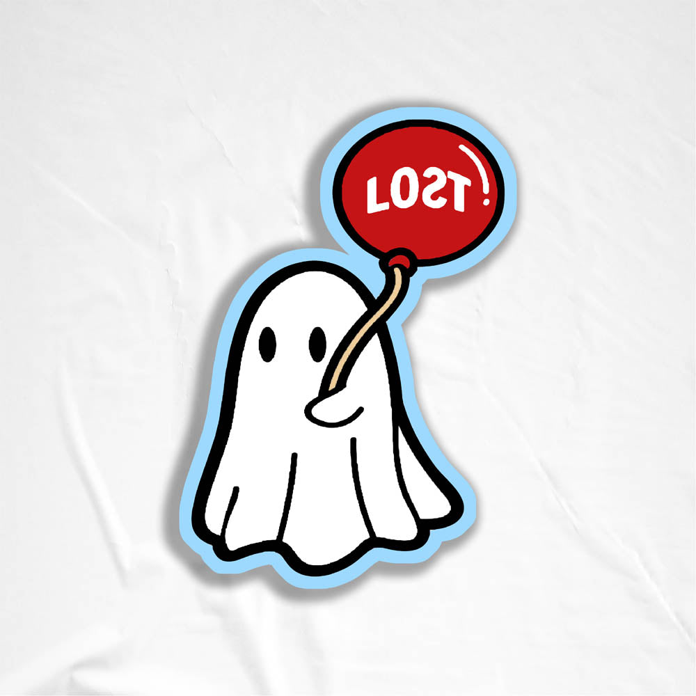 The Sad Ghost graffiti sticker by LOST. Full color die cut design of white ghost holding a red balloon. The sticker is outlined in a light shade of blue and displayed in front of white background