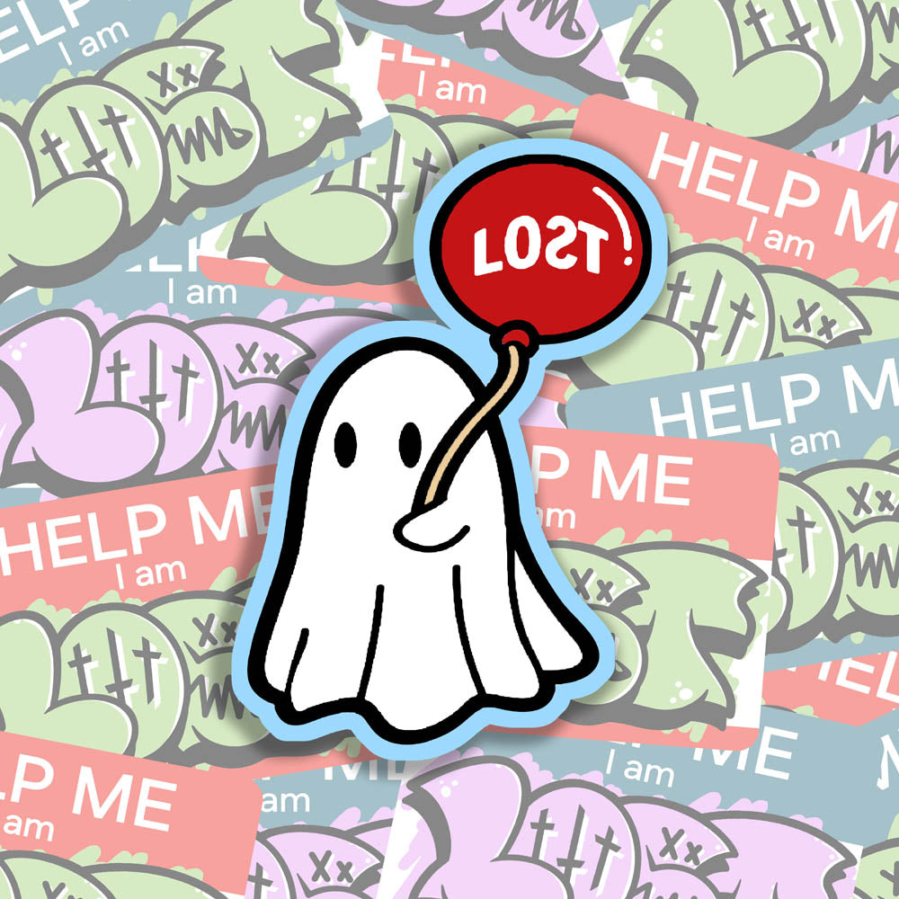 The Sad Ghost graffiti sticker by LOST. Full color die cut design of white ghost holding a red balloon. The sticker is outlined in a light shade of blue and an assortment of colorful graffiti stickers provides background.