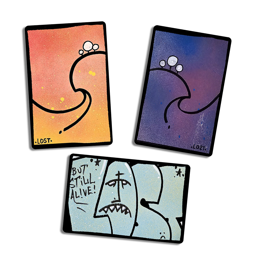 Three hand painted and drawn graffiti stickers by LOST. colorful drawing that include landscape portraits and the word LOST on rectangular stickers with rounded corners. The stickers are displayed against a solid white background.