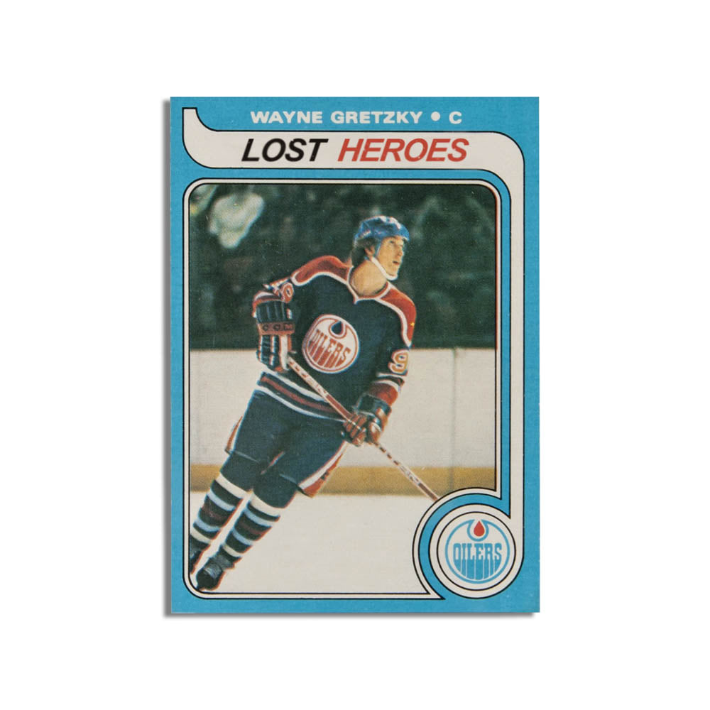 Lost Heroes graffiti sticker that features a replica Wayne Gretzky rookie card with the team name listed at Lost Heroes. The sticker is displayed against a white background. 