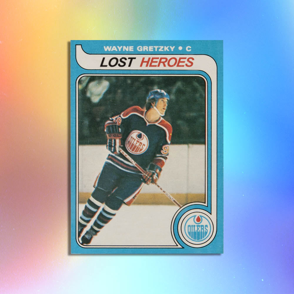 Lost Heroes graffiti sticker that features a replica Wayne Gretzky rookie card with the team name listed at Lost Heroes. The sticker is displayed against a holographic background.