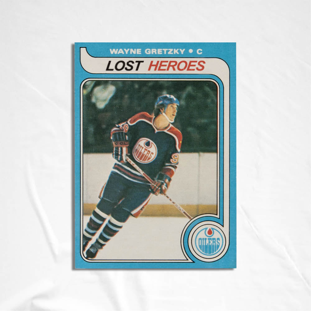 Lost Heroes graffiti sticker that features a replica Wayne Gretzky rookie card with the team name listed at Lost Heroes. The sticker is displayed against a white background. 