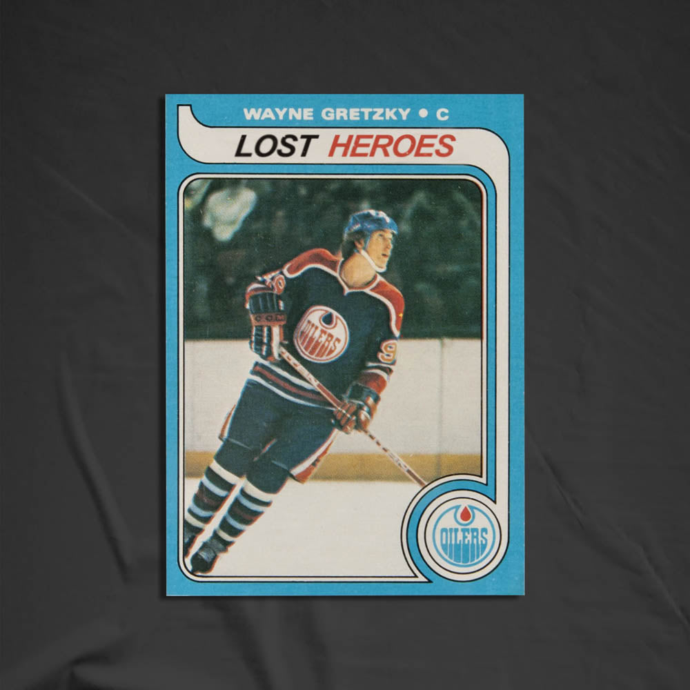 Lost Heroes graffiti sticker that features a replica Wayne Gretzky rookie card with the team name listed at Lost Heroes. The sticker is displayed against a black background.