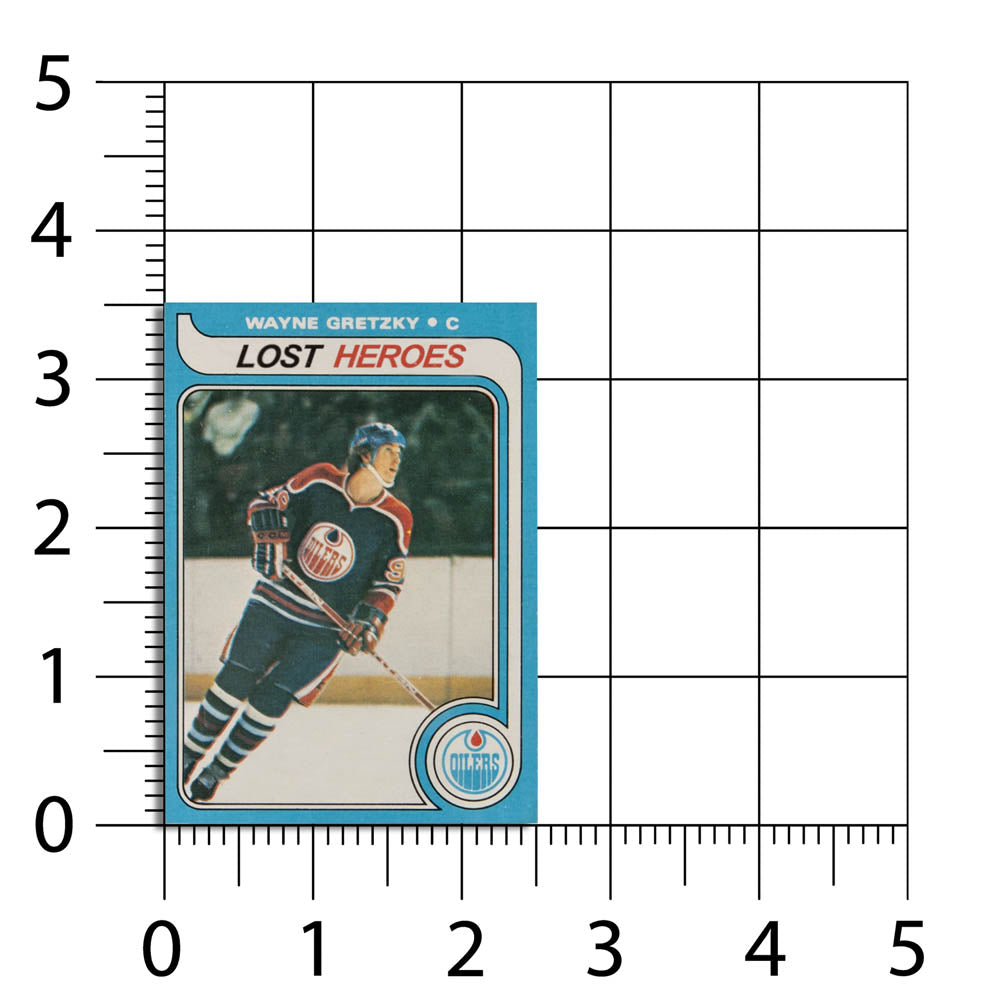 Lost Heroes graffiti sticker that features a replica Wayne Gretzky rookie card with the team name listed at Lost Heroes. The sticker is displayed against a sizing chart that indicates that it measures 25 inches wide and 3.5 inches tall.