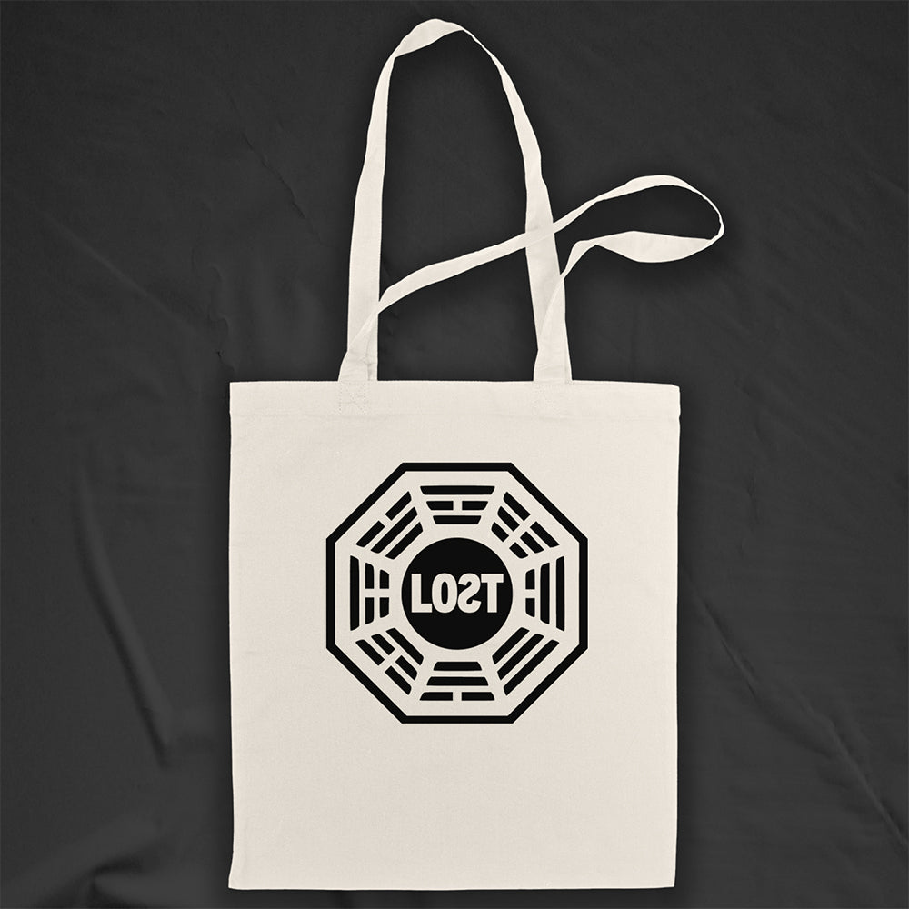 The bold and iconic octagon logo with the word LOST printed in bold black ink and displayed on a large natural canvas tote bag.
