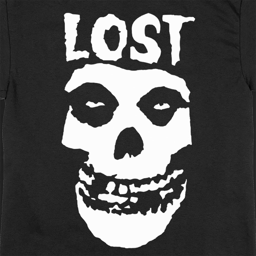 Close up view of the Lost Crimson Ghost t-shirt. A Bold white skull screen printed and displayed on a black t-shirt. A classic design upgraded by Lost Streetwear.