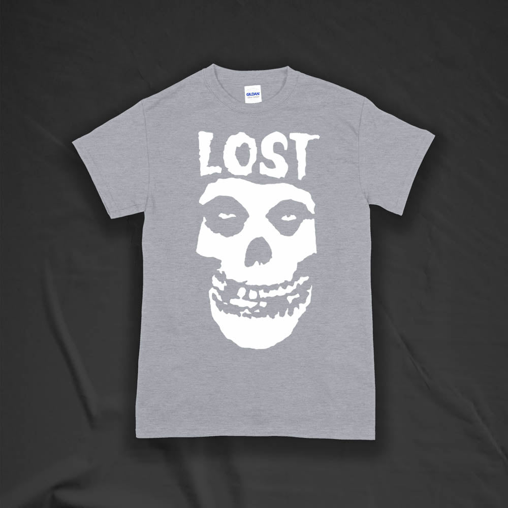 The Lost Crimson Ghost t-shirt. A Bold white skull screen printed and displayed on a grey shirt. A classic design upgraded by Lost Streetwear.