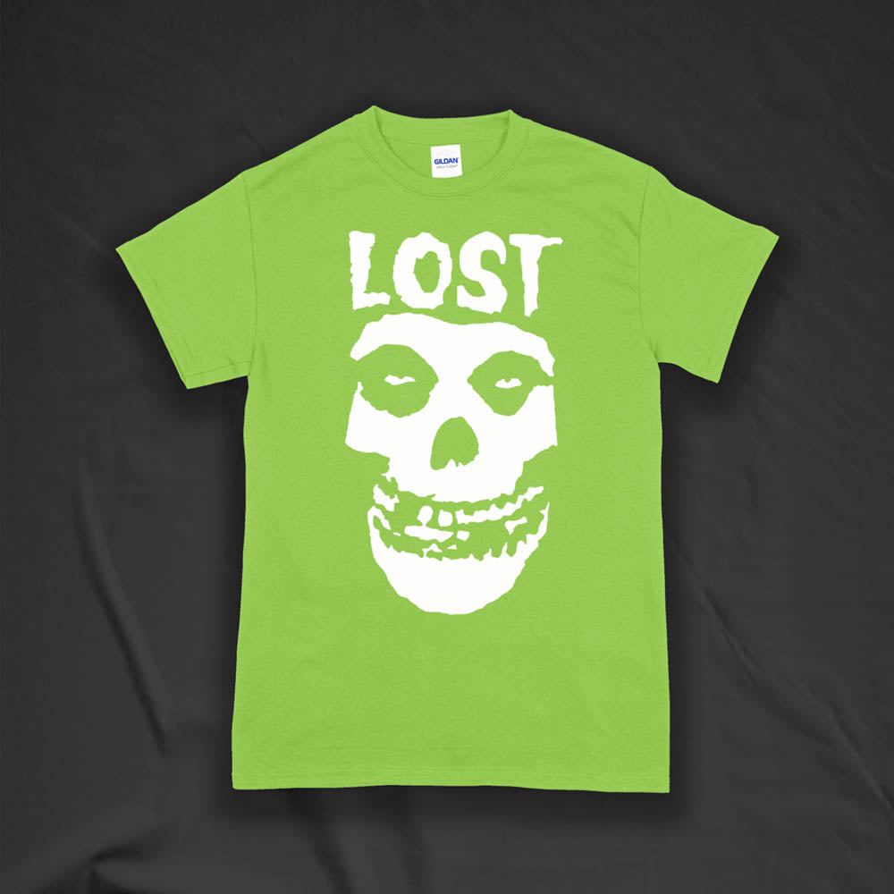 The Lost Crimson Ghost t-shirt. A Bold white skull screen printed and displayed on a lime green shirt. A classic design upgraded by Lost Streetwear.