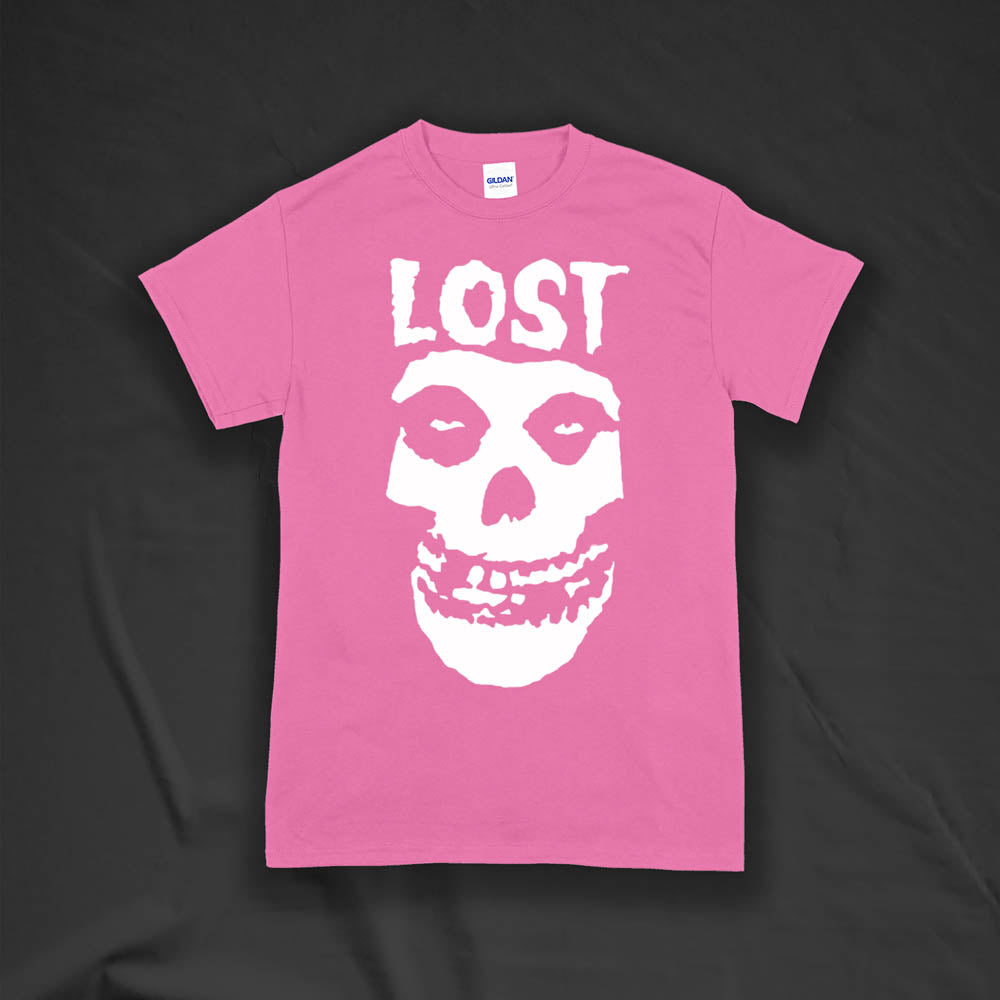 The Lost Crimson Ghost t-shirt. A Bold white skull screen printed and displayed on an azalea pink shirt. A  classic design upgraded by Lost Streetwear.