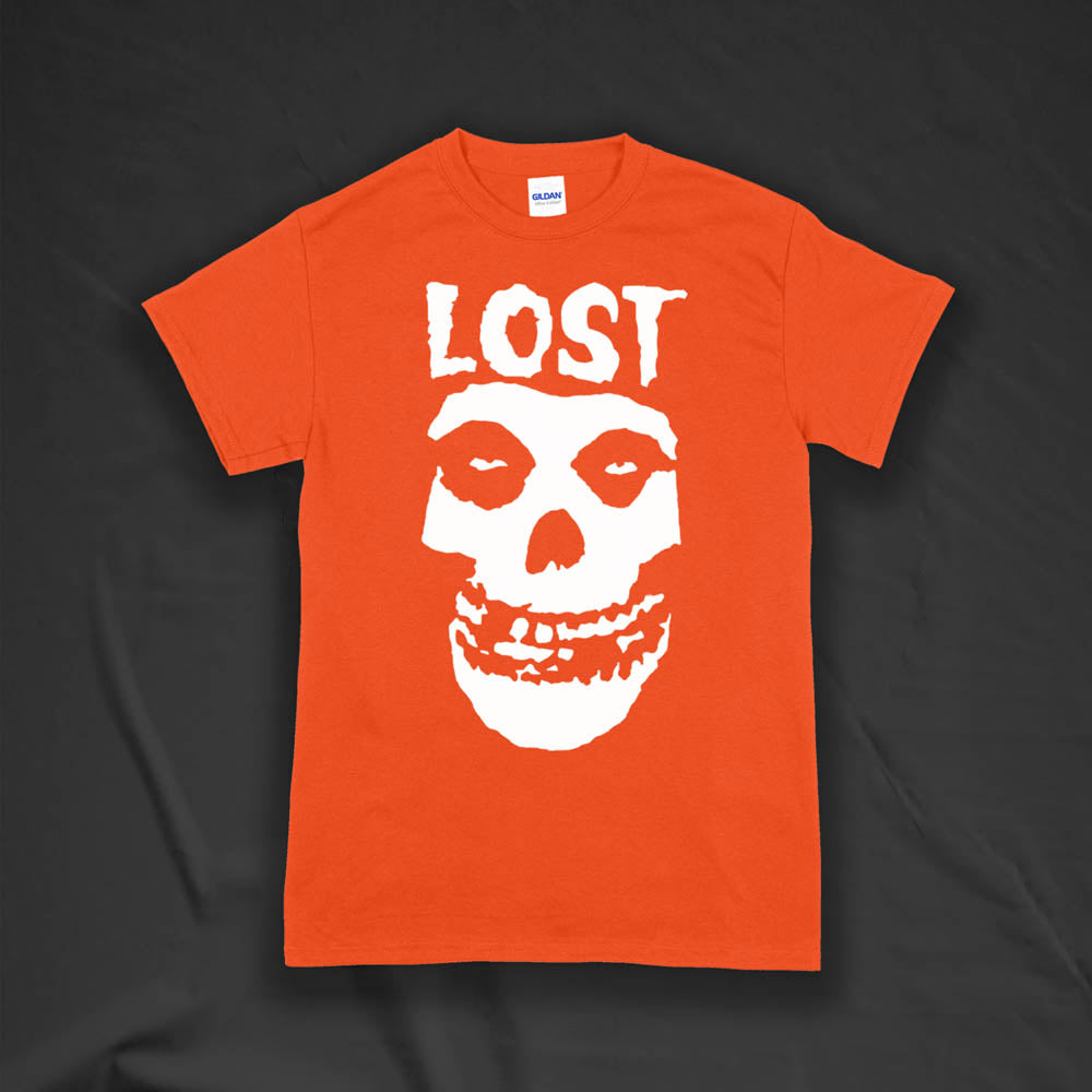 The Lost Crimson Ghost t-shirt. A Bold white skull screen printed and displayed on an orange shirt. A classic design upgraded by Lost Streetwear.