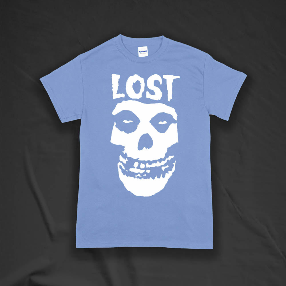The Lost Crimson Ghost t-shirt. A Bold white skull screen printed and displayed on a light blue shirt. A classic design upgraded by Lost Streetwear.