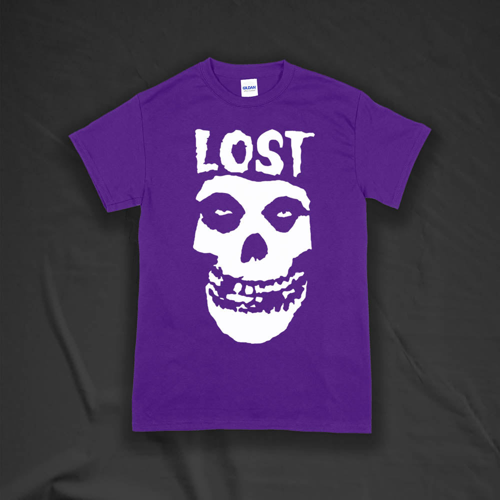 The Lost Crimson Ghost t-shirt. A Bold white skull screen printed and displayed on a deep purple shirt. A classic design upgraded by Lost Streetwear.