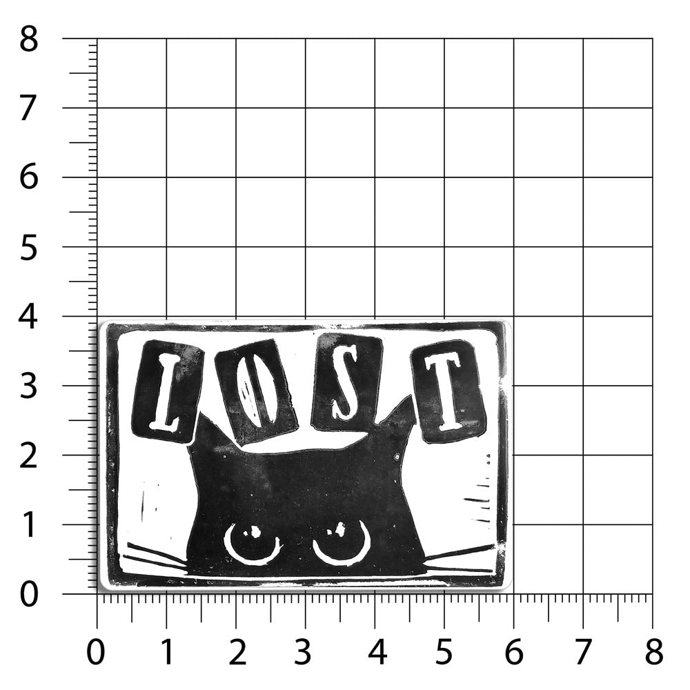 Peekers the cat graffiti sticker by LOST. A black and white image of a black cat peeking out at you with LOST written in above it. A sizing chart shows that this rectangular picture measures 4 by  6 inches big and has rounded corners.