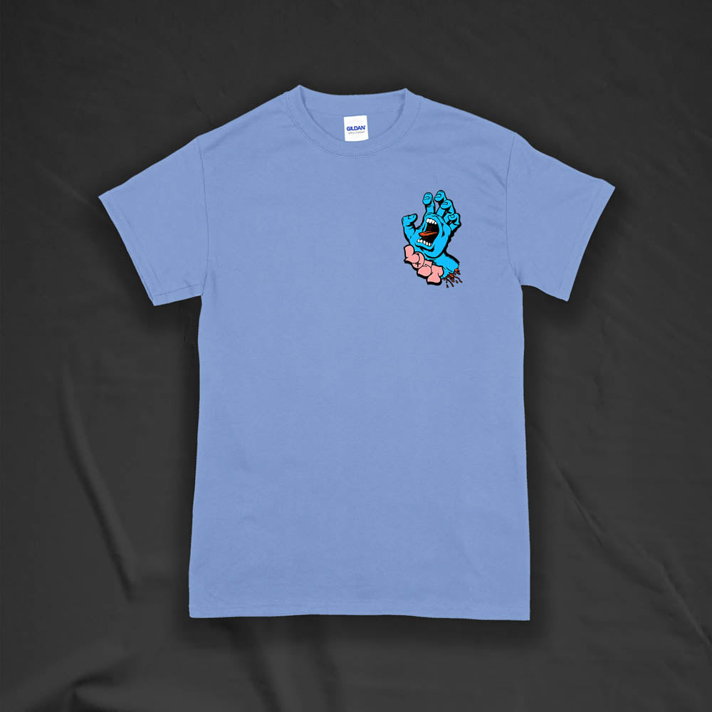 The screaming hand t-shirt re-design by Lost Streetwear. Full color severed hand graphic displayed on a light blue t-shirt.