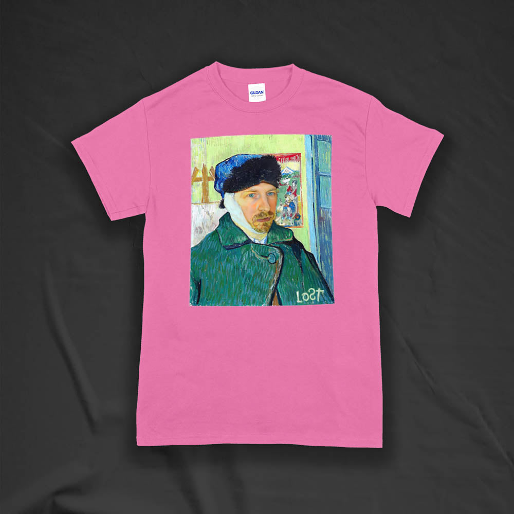The Starry Night t-shirt by Lost Streetwear. A unique collaborative project including two famed masters and a winter themed self-portrait printed and displayed on a bright pink t-shirt.  