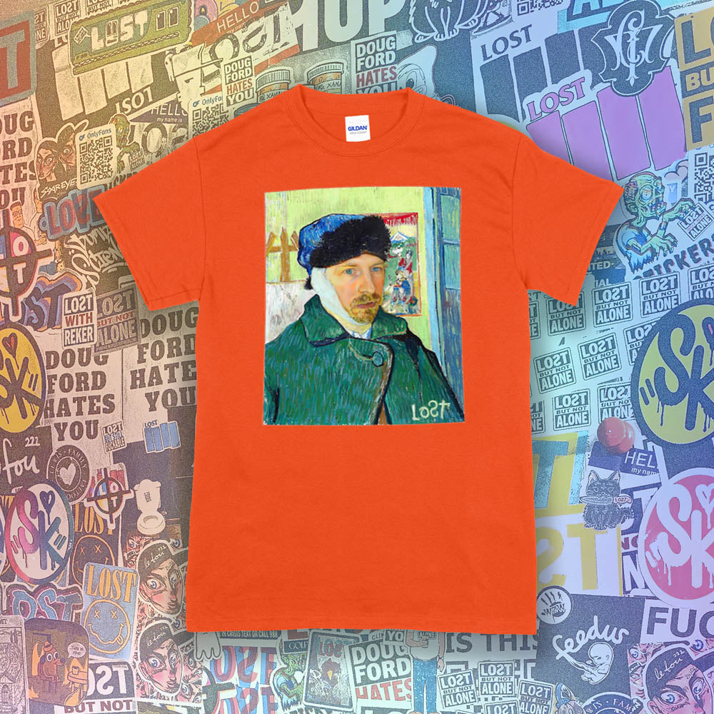 The Starry Night t-shirt by Lost Streetwear. A unique collaborative project including two famed masters and a winter themed self-portrait printed and displayed on a bright orange t-shirt. A collage of brightly colored graffiti stickers by artists from around the world provides a contrasting background to the work. 