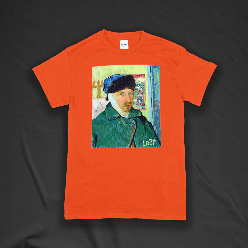 The Starry Night t-shirt by Lost Streetwear. A unique collaborative project including two famed masters and a winter themed self-portrait printed and displayed on a bright orange t-shirt.  