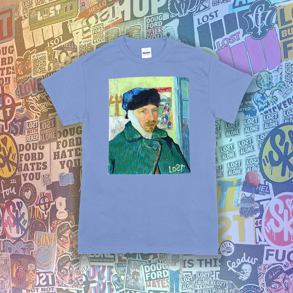 The Starry Night t-shirt by Lost Streetwear. A unique collaborative project including two famed masters and a winter themed self-portrait printed and displayed on a light blue t-shirt. A collage of brightly colored graffiti stickers by artists from around the world provides a contrasting background to the work. 