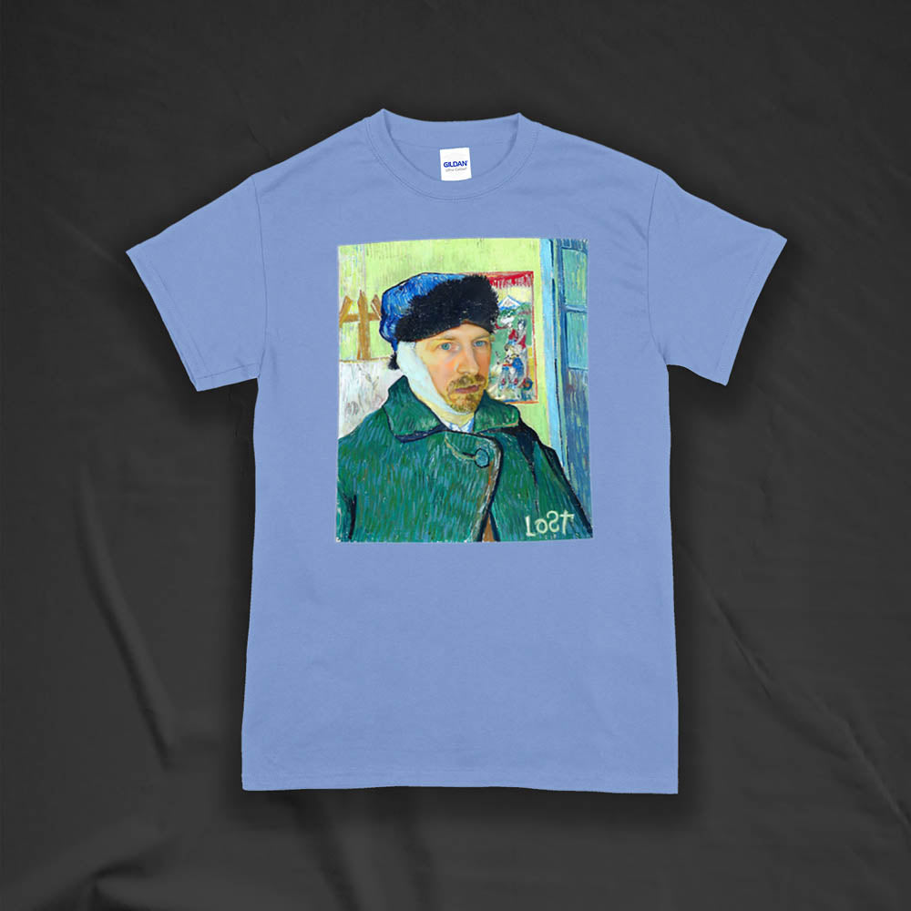 The Starry Night t-shirt by Lost Streetwear. A unique collaborative project including two famed masters and a winter themed self-portrait printed and displayed on a light blue t-shirt.