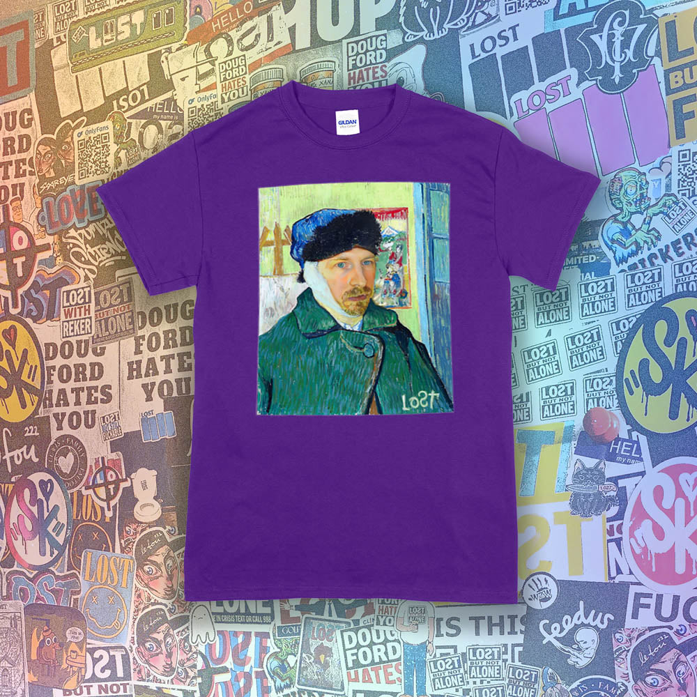 The Starry Night t-shirt by Lost Streetwear. A unique collaborative project including two famed masters and a winter themed self-portrait printed and displayed on a purple t-shirt. A collage of brightly colored graffiti stickers by artists from around the world provides a contrasting background to the work. 