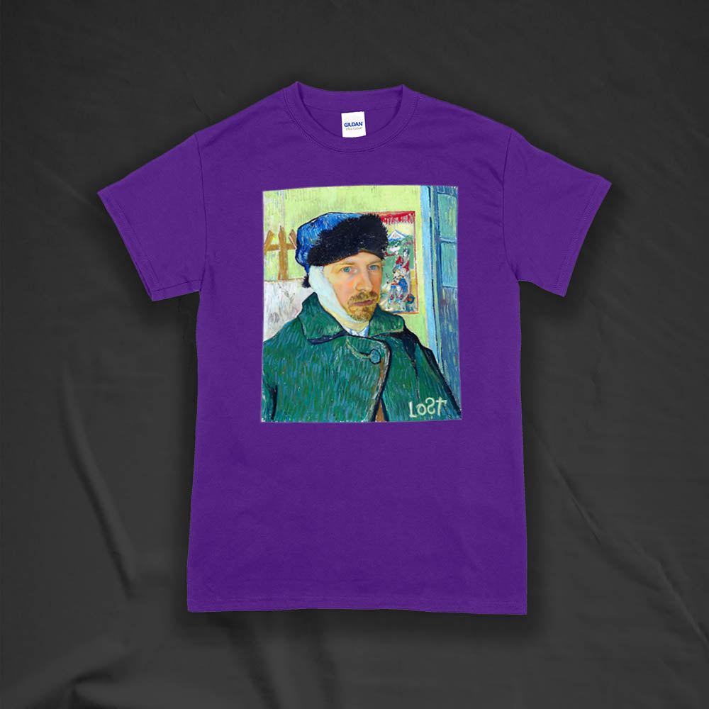 The Starry Night t-shirt by Lost Streetwear. A unique collaborative project including two famed masters and a winter themed self-portrait printed and displayed on a deep purple t-shirt.  