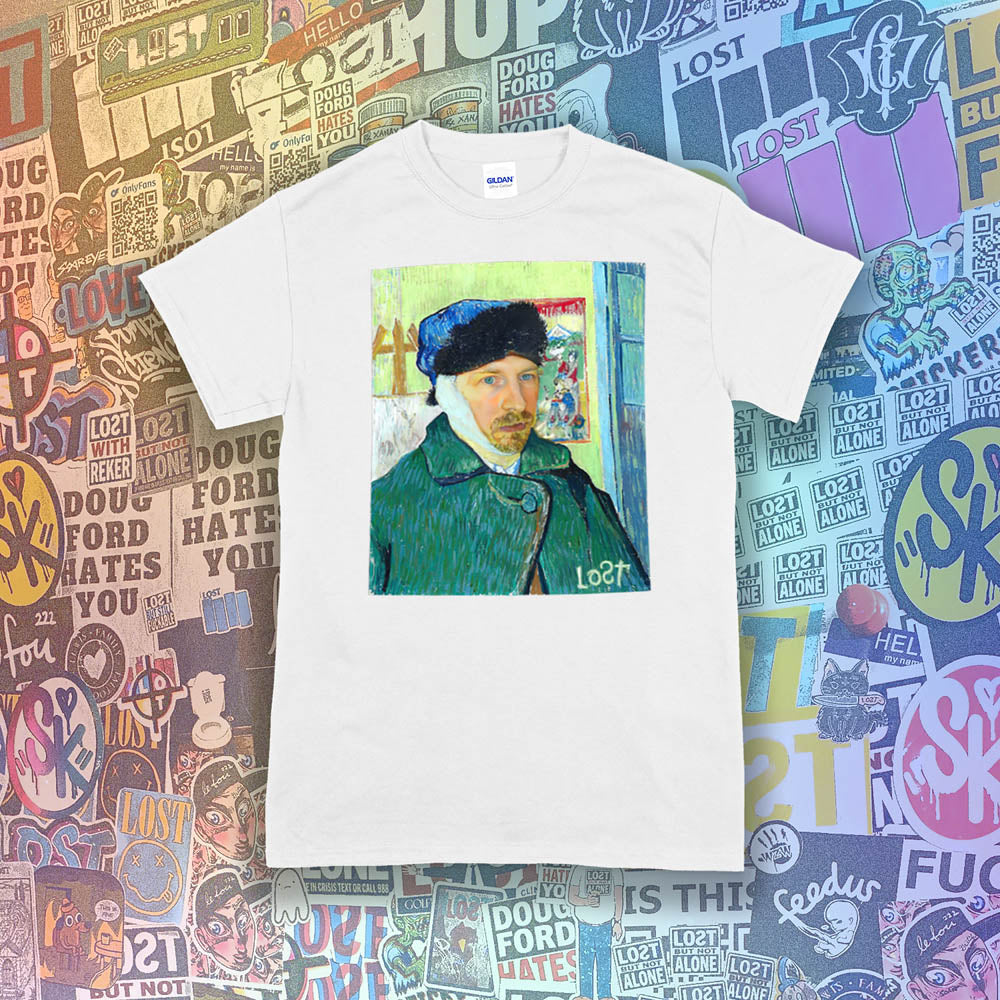 The Starry Night t-shirt by Lost Streetwear. A unique collaborative project including two famed masters and a winter themed self-portrait printed and displayed on a bright white t-shirt. A collage of brightly colored graffiti stickers by artists from around the world provides a contrasting background to the work. 