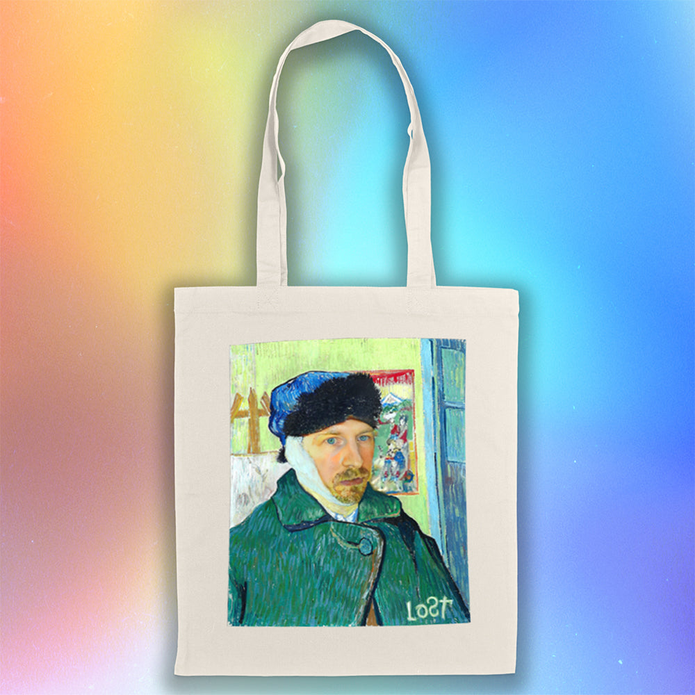 The Starry Night tote bag by Lost Streetwear. A unique collaborative project including two famed masters and a winter themed self-portrait printed and displayed on a natural canvas tote bag.