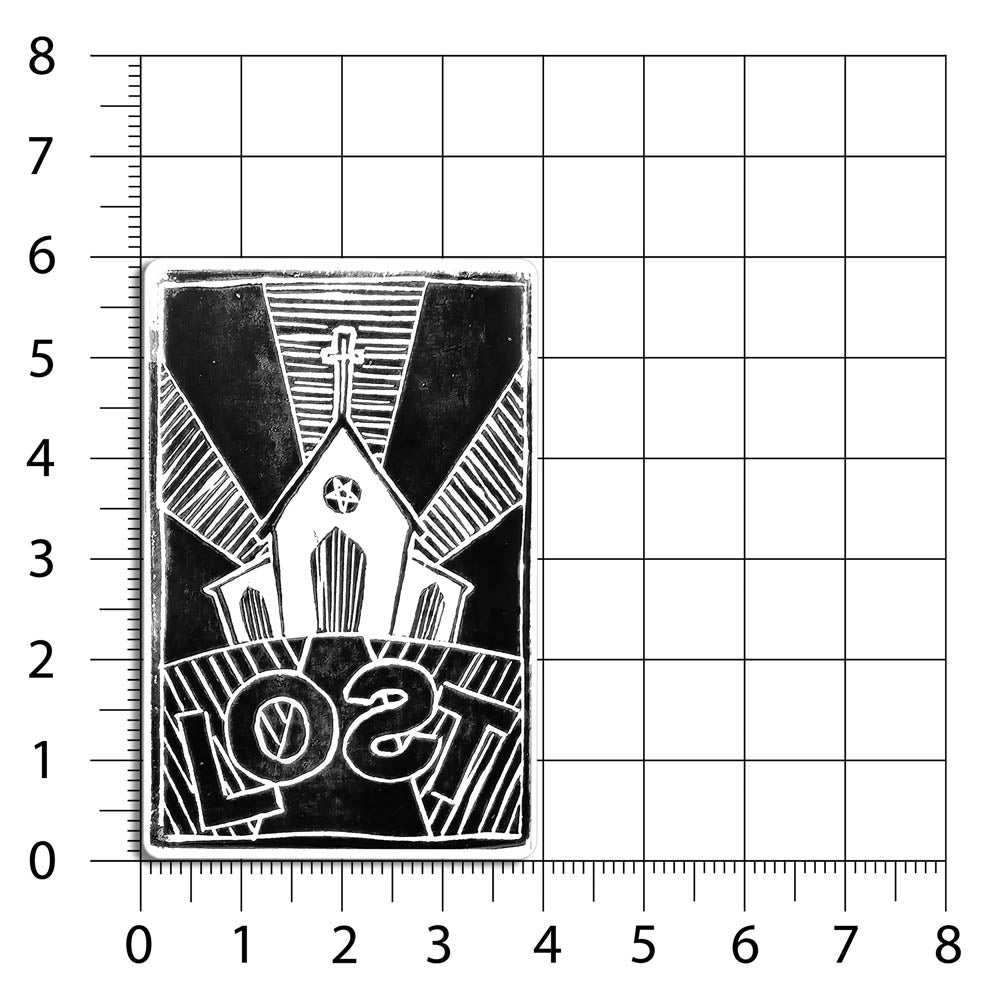 The LOST church graffiti sticker. A black and white image of a church with  LOST written in front of it. The letter S is backwards. A sizing chart shows that this rectangular sticker is 4 by 6 inches big and has rounded corners.