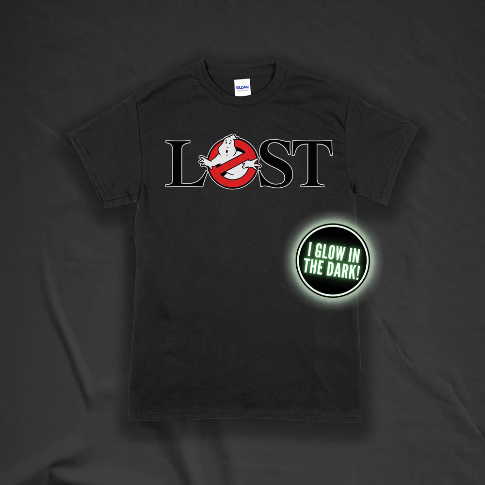 Who ya gonna call? Lostbusters! Screen printed logo with a glow in the dark ghost. Printed and displayed on a black t-shirt.