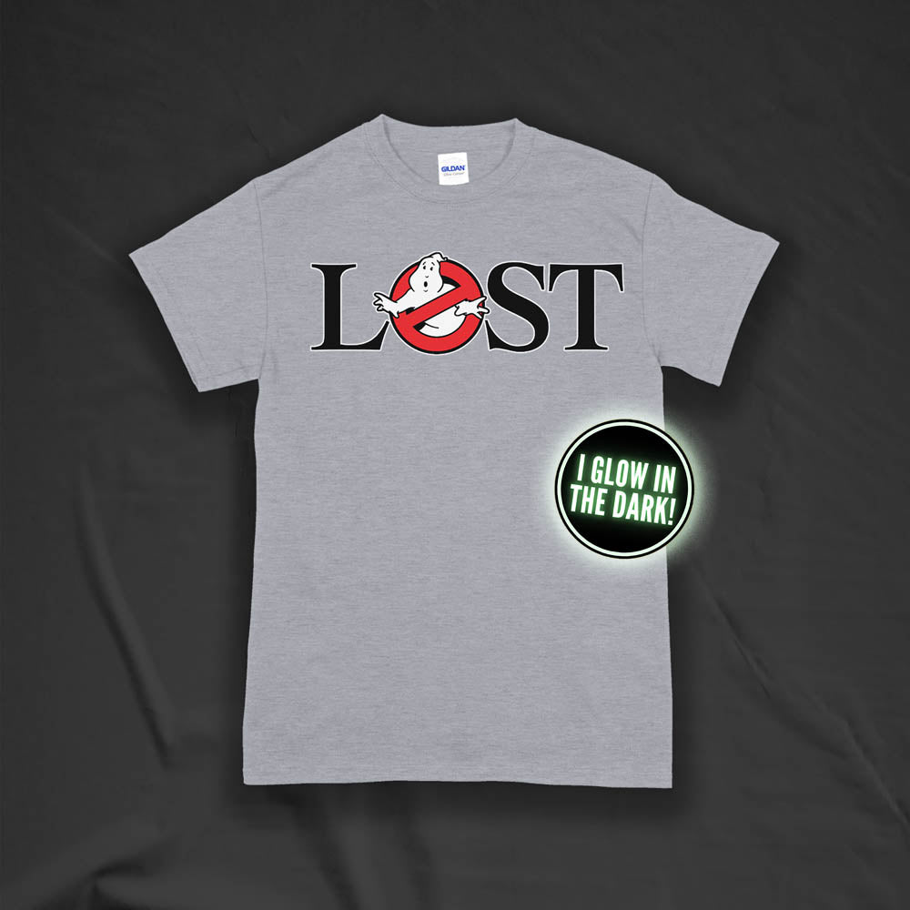 Who ya gonna call? Lostbusters! Screen printed logo with a glow in the dark ghost. Printed and displayed on a grey t-shirt.