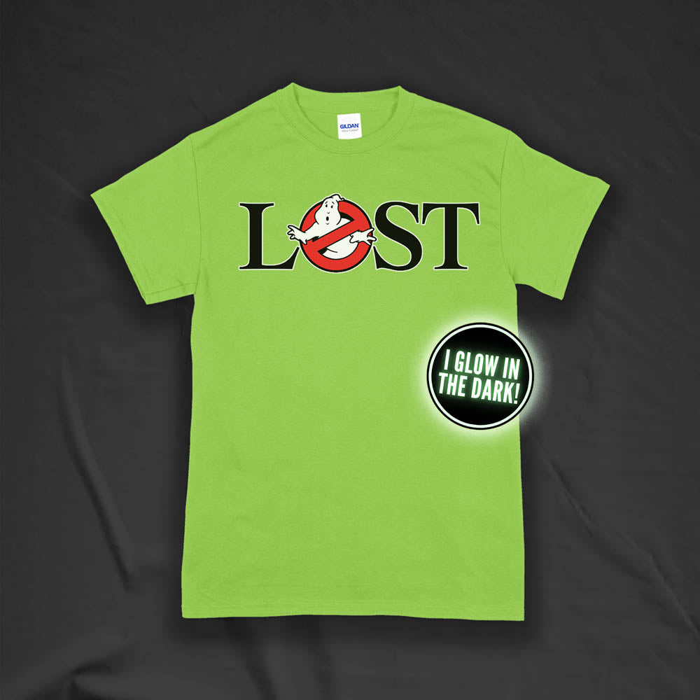 Who ya gonna call? Lostbusters! Screen printed logo with a glow in the dark ghost. Printed and displayed on a bright green t-shirt.