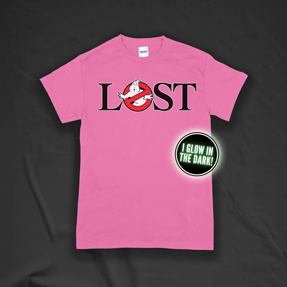 Who ya gonna call? Lostbusters! Screen printed logo with a glow in the dark ghost. printed on an azalea pink t-shirt.